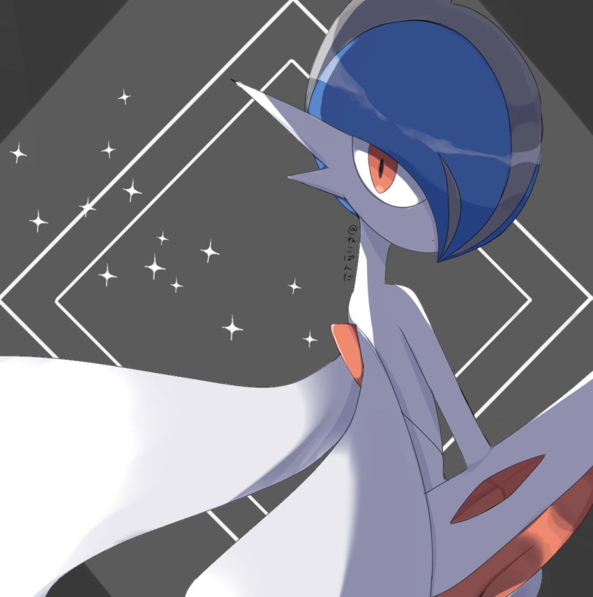 1boy alternate_color arm_blade artist_name back backlighting bangs blue_hair cape closed_mouth colored_skin commentary_request dot_mouth expressionless from_behind gallade grey_background grey_hair hair_over_one_eye looking_back male_focus mega_gallade mega_pokemon mohawk multicolored_hair nekopanda one_eye_covered partial_commentary pixiv_username pokemon pokemon_(creature) red_eyes shiny shiny_hair shiny_pokemon short_hair signature solo sparkle standing two-tone_hair upper_body weapon white_cape white_skin