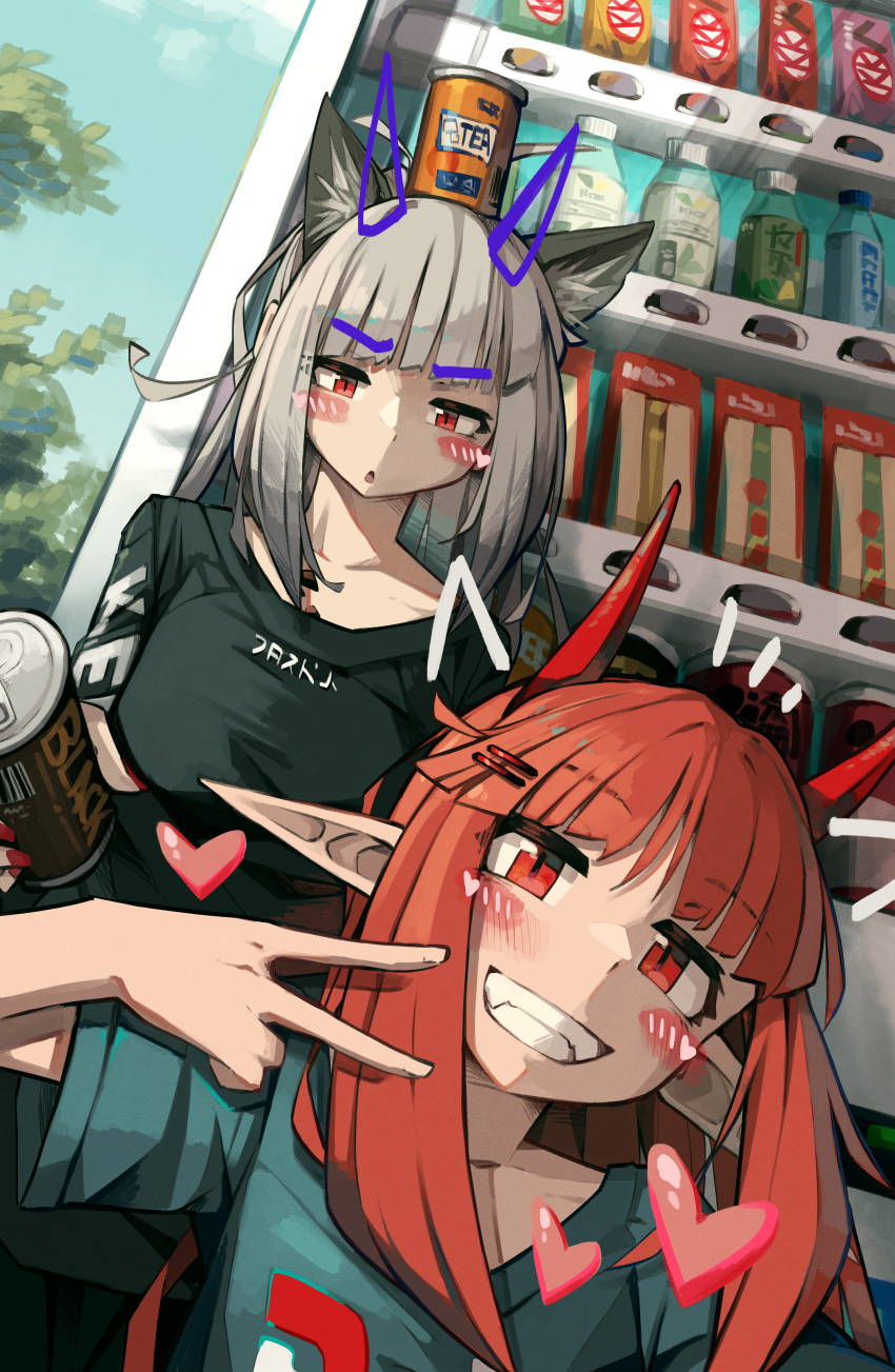 2girls absurdres animal_ear_fluff animal_ears arknights bangs black_shirt blue_shirt blue_sky blush_stickers breasts can canned_coffee collarbone day drawn_ears frostleaf_(arknights) grey_hair grin hair_ornament hairclip highres holding holding_can horns long_hair medium_breasts multiple_girls on_head outdoors parted_lips pointy_ears red_eyes red_hair shirt short_sleeves sky smile togekk0 vending_machine vigna_(arknights) wide_sleeves