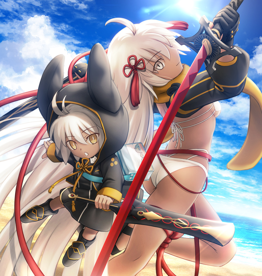 2girls ahoge bangs beach bikini black_jacket breasts cropped_jacket dark-skinned_female dark_skin fate/grand_order fate_(series) grey_eyes highres hood hooded_jacket jacket long_hair long_sleeves looking_at_viewer medium_breasts multiple_girls okita_souji_(fate) okita_souji_alter_(swimsuit_saber)_(fate) orange_scarf rengoku_(fate) scarf shoori_(migiha) shrug_(clothing) smile swimsuit tassel thighs very_long_hair white_bikini white_hair