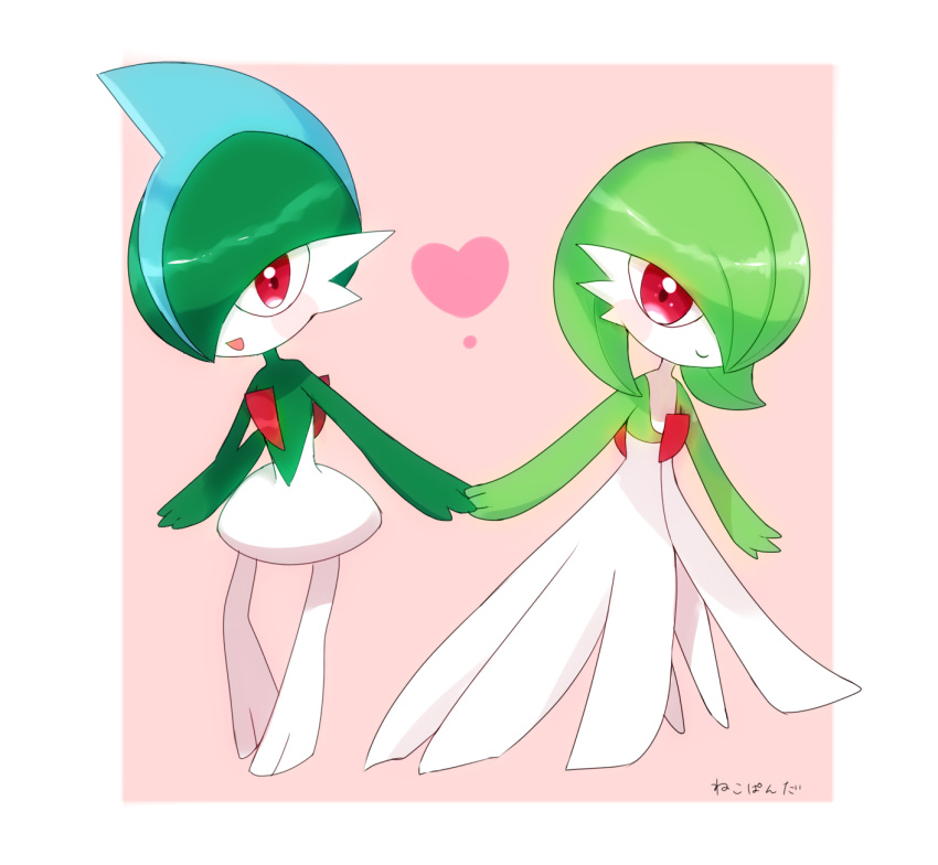 1boy 1girl artist_name bangs blue_hair blush blush_stickers bob_cut border chibi closed_mouth colored_skin commentary_request couple flat_chest full_body gallade gardevoir green_hair green_skin hair_over_one_eye happy heart highres holding_hands looking_at_viewer mohawk multicolored_hair multicolored_skin nekopanda one_eye_covered open_mouth outside_border pink_background pokemon pokemon_(creature) red_eyes shiny shiny_hair short_hair signature simple_background smile standing two-tone_hair two-tone_skin white_border white_skin