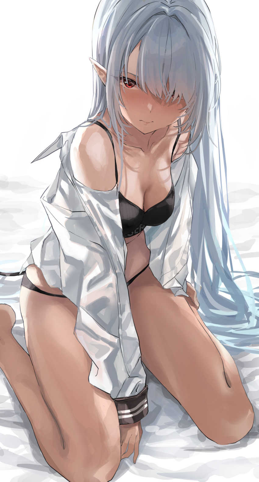 1girl 3: bangs bare_legs bed_sheet between_legs black_bra black_panties blue_archive bra breasts cleavage closed_mouth collarbone collared_shirt demon_tail dress_shirt grey_hair hair_intakes hair_over_one_eye hand_between_legs hand_on_own_ankle highres iori_(blue_archive) long_hair long_sleeves looking_at_viewer off_shoulder one_eye_covered open_clothes open_shirt panties pointy_ears ponpon_nun red_eyes shirt sidelocks sitting small_breasts solo tail thighs underwear very_long_hair wariza white_shirt