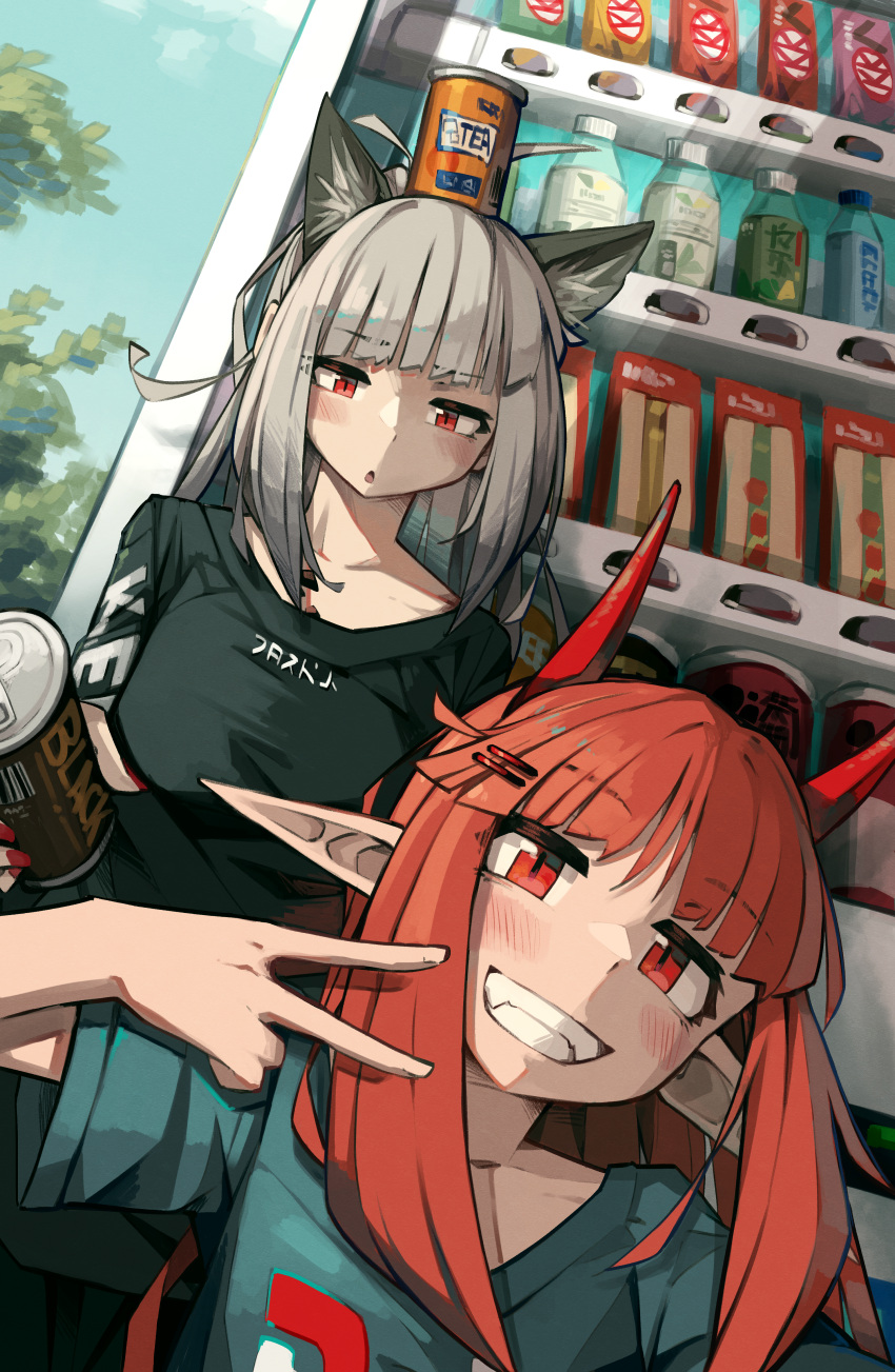 2girls absurdres animal_ear_fluff animal_ears arknights bangs black_shirt blue_shirt blue_sky blush bottle breasts can canned_coffee collarbone commentary day english_commentary frostleaf_(arknights) grey_hair grin hair_ornament hairclip highres holding holding_can horns long_hair medium_breasts multiple_girls on_head outdoors parted_lips pointy_ears red_eyes red_hair shirt short_sleeves sky smile togekk0 vending_machine vigna_(arknights) wide_sleeves