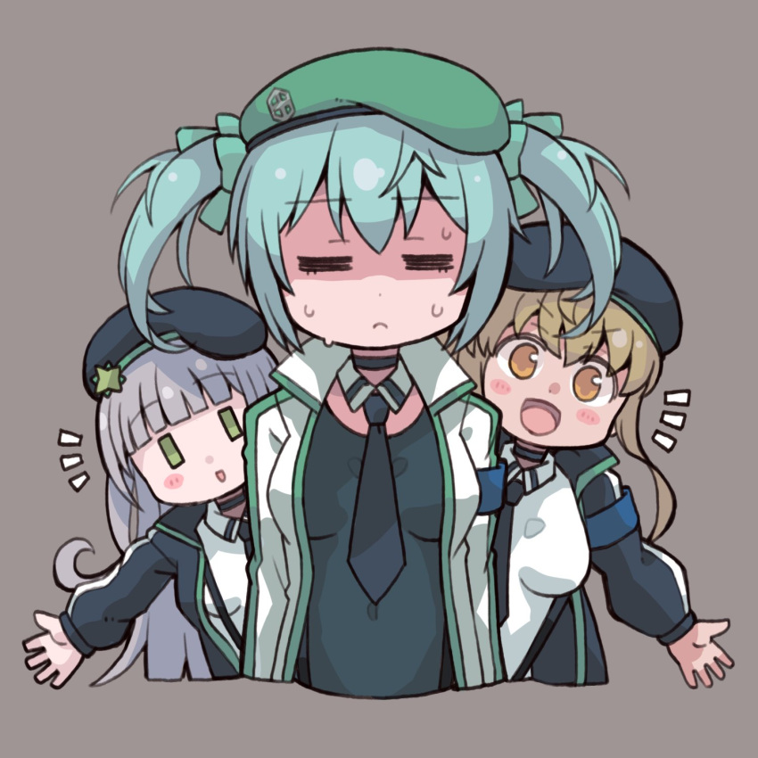 3girls =_= aqua_hair bangs beret black_headwear black_necktie breasts character_request closed_eyes es_(eisis) green_eyes green_headwear grey_background grey_hair hat highres jacket large_breasts long_hair long_sleeves medium_breasts mist_train_girls multiple_girls necktie notice_lines open_mouth parted_lips shaded_face shirt short_twintails simple_background sweat twintails