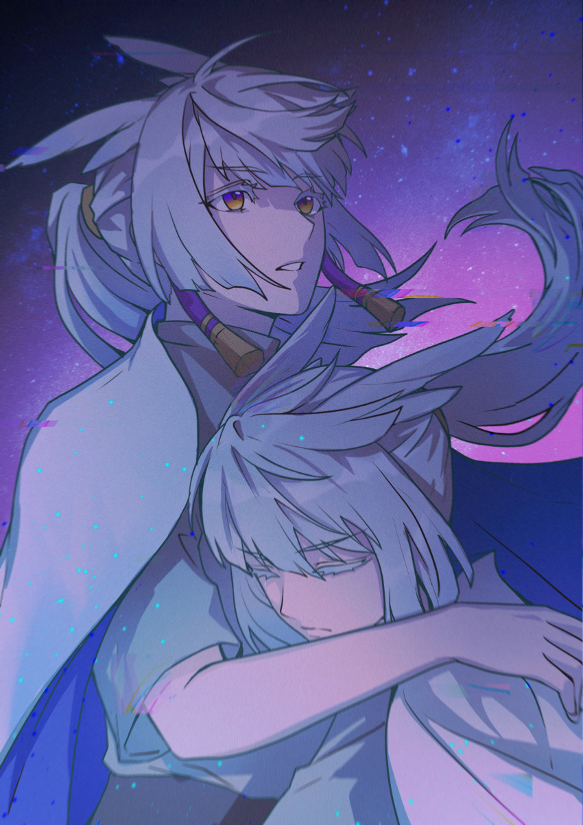 2boys absurdres bai_xiao cape earrings grey_hair highres hug jewelry looking_up mimizuku_(sky:_children_of_the_light) multicolored_eyes multiple_boys outdoors pointy_hair ponytail siblings sky:_children_of_the_light tassel tassel_earrings twins white_hair xiyetianhe88847