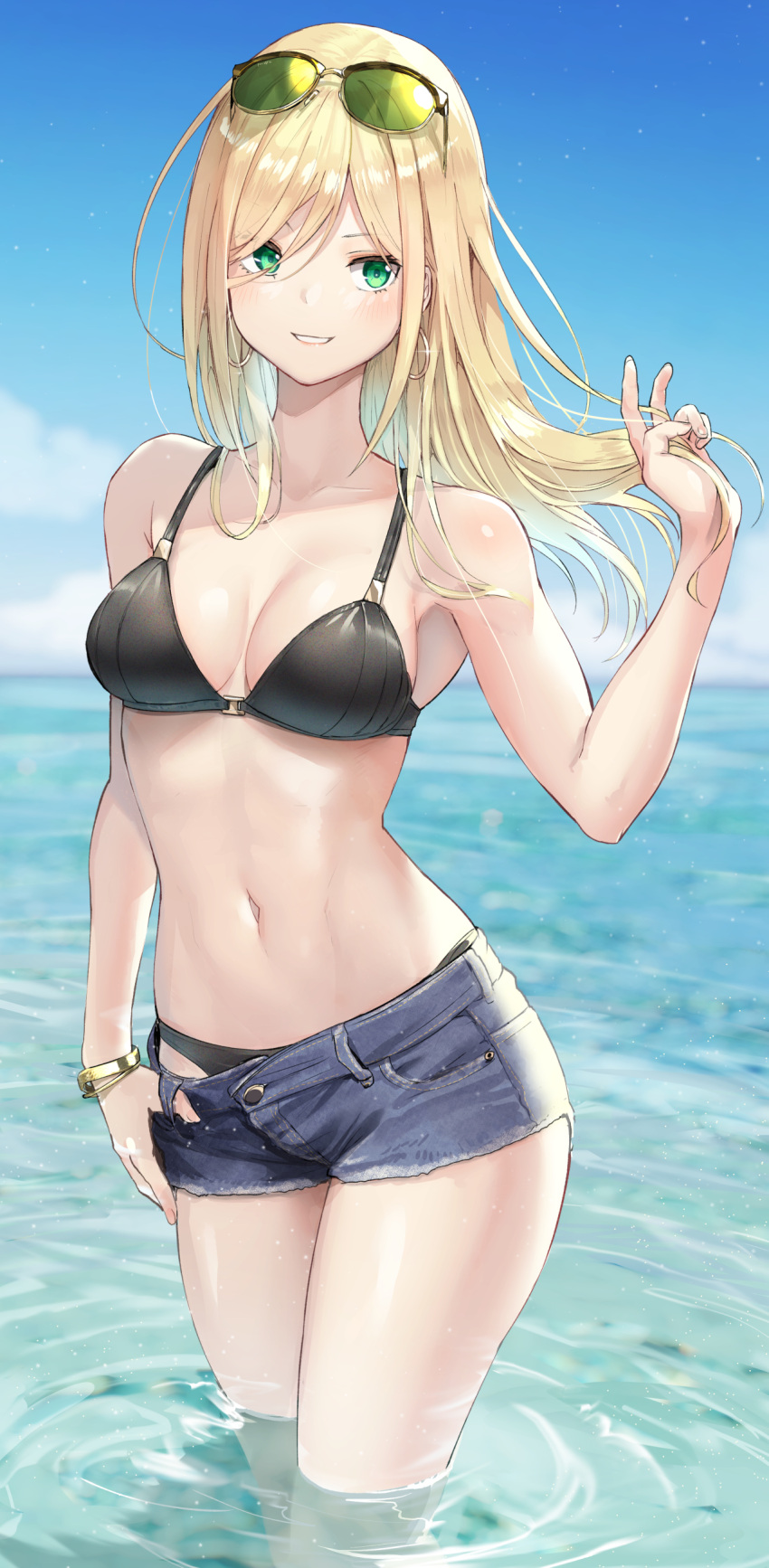 1girl absurdres armpits bare_arms bare_shoulders bikini black_bikini blonde_hair blue_shorts breasts cleavage clothes_pull collarbone day denim denim_shorts earrings green_eyes grin hand_up highres hoop_earrings isegawa_yasutaka jewelry kotona_matome long_hair looking_at_viewer medium_breasts navel ocean original outdoors pulled_by_self ripples short_shorts shorts shorts_pull smile solo standing stomach swimsuit thighs wading water