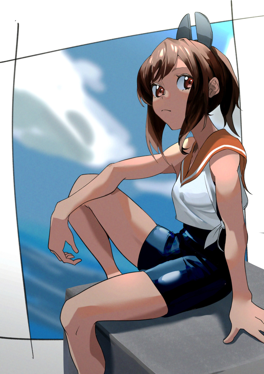 1girl absurdres blue_one-piece_swimsuit brown_eyes brown_hair competition_school_swimsuit hato_kan highres i-401_(kancolle) kantai_collection looking_at_viewer medium_hair orange_sailor_collar ponytail sailor_collar school_swimsuit shirt side-tie_shirt sitting sleeveless sleeveless_shirt solo swimsuit tan