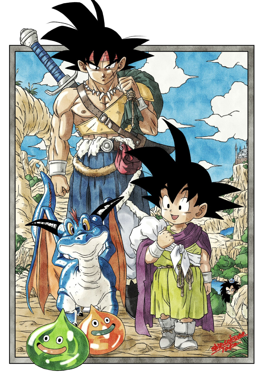 3boys bandana bardock black_hair child crossover dragon dragon_ball dragon_quest father_and_son highres long_hair monkey_tail monster multiple_boys muscular muscular_male raditz red_bandana scar scar_on_cheek scar_on_face shinsokunotaka slime_(creature) slime_(substance) son_goku spiked_hair sword tail weapon