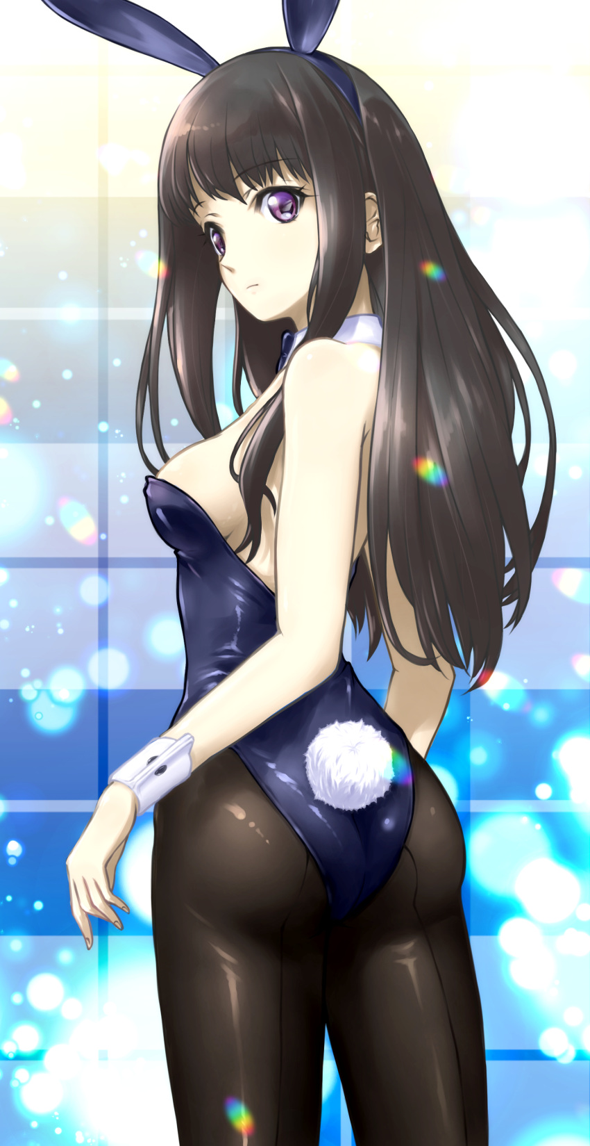 1girl absurdres animal_ears ass back-seamed_legwear black_hair black_pantyhose blue_bow blue_bowtie blue_leotard bow bowtie breasts detached_collar from_behind highres inoue_takina leotard long_hair lycoris_recoil memory_(prophet5) pantyhose playboy_bunny purple_eyes rabbit_ears rabbit_tail seamed_legwear small_breasts solo strapless strapless_leotard tail wrist_cuffs