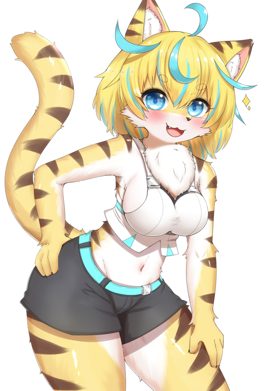 2022 anthro big_breasts blue_eyes blush bottomwear breasts chest_tuft clothed clothing cute_fangs felid female female_anthro fluffy fur hair hand_on_hip happy hi_res horokusa0519 kemono looking_at_viewer mammal midriff multicolored_body multicolored_fur multicolored_hair navel pantherine shorts solo tiger tuft