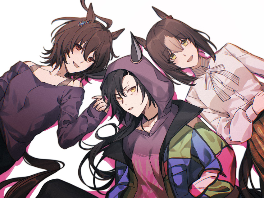 3girls agnes_tachyon_(umamusume) ahoge air_shakur_(umamusume) animal_ears black_hair brown_eyes brown_hair brown_skirt clover_hair_ornament commentary empty_eyes eyebrow_piercing fine_motion_(umamusume) green_eyes hair_between_eyes hair_ornament highres hood hooded_sweater horse_ears horse_girl horse_tail looking_at_viewer messy_hair multicolored_hair multiple_girls off-shoulder_shirt off_shoulder piercing puffy_sleeves purple_shirt rokumijio_maru shirt short_hair simple_background skirt sleeves_past_wrists sweater symbol-only_commentary tail two-tone_hair umamusume white_background white_hair white_shirt yellow_eyes