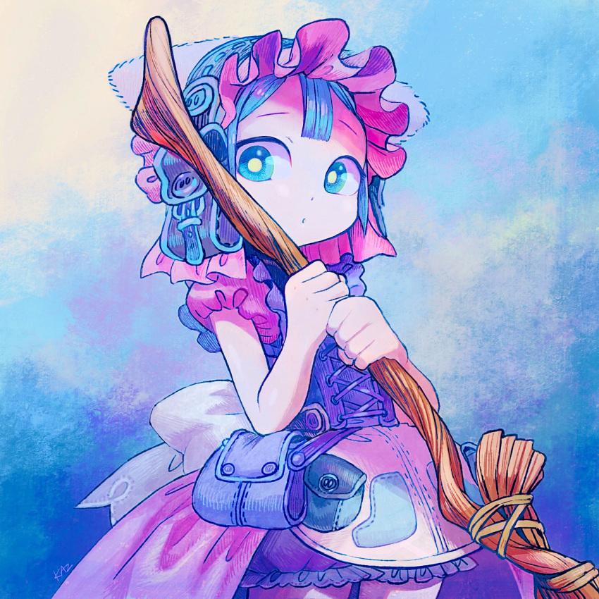 1boy apron back_bow bloomers blue_background blue_eyes blue_hair bonnet bow bright_pupils broom commentary_request corset cowboy_shot dress frills hands_up highres holding holding_broom kazkazart looking_at_viewer made_in_abyss maruruk otoko_no_ko parted_lips pink_dress pouch puffy_short_sleeves puffy_sleeves purple_bloomers purple_corset short_hair short_sleeves signature solo traditional_media underwear waist_apron yellow_pupils