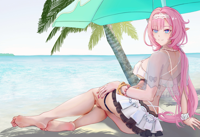 1girl absurdres bangs barefoot beach beach_umbrella bikini bikini_skirt blue_eyes breasts closed_mouth eareay elf elysia_(honkai_impact) elysia_(miss_pink_elf) feet full_body highres honkai_(series) honkai_impact_3rd long_hair looking_at_viewer looking_back official_alternate_costume on_floor outdoors palm_tree pink_hair pointy_ears ponytail sand see-through shadow sitting smile soles solo swimsuit toes tree umbrella water white_bikini