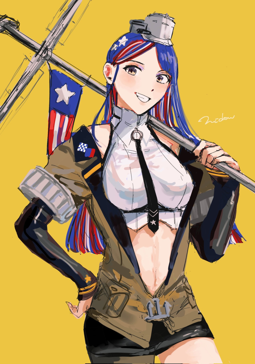 1girl anchor_ornament asymmetrical_legwear black_necktie blue_hair breasts flag hand_on_hip headgear highres holding holding_flag kantai_collection large_breasts long_hair long_sleeves looking_at_viewer midriff multicolored_hair navel necktie nidou one-hour_drawing_challenge solo south_dakota_(kancolle) very_long_hair yellow_eyes