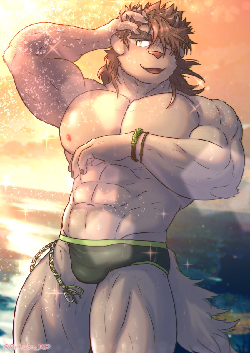 abs anthro beach brown_body brown_fur brown_hair bulge catoblepas_(tas) clothing eyebrows fur genital_outline hair hi_res lifewonders male monster muscular muscular_anthro muscular_male nipples one_eye_closed ortwin_rd pecs penis_outline sea seaside solo speedo swimwear thick_eyebrows tokyo_afterschool_summoners video_games water water_spray wink