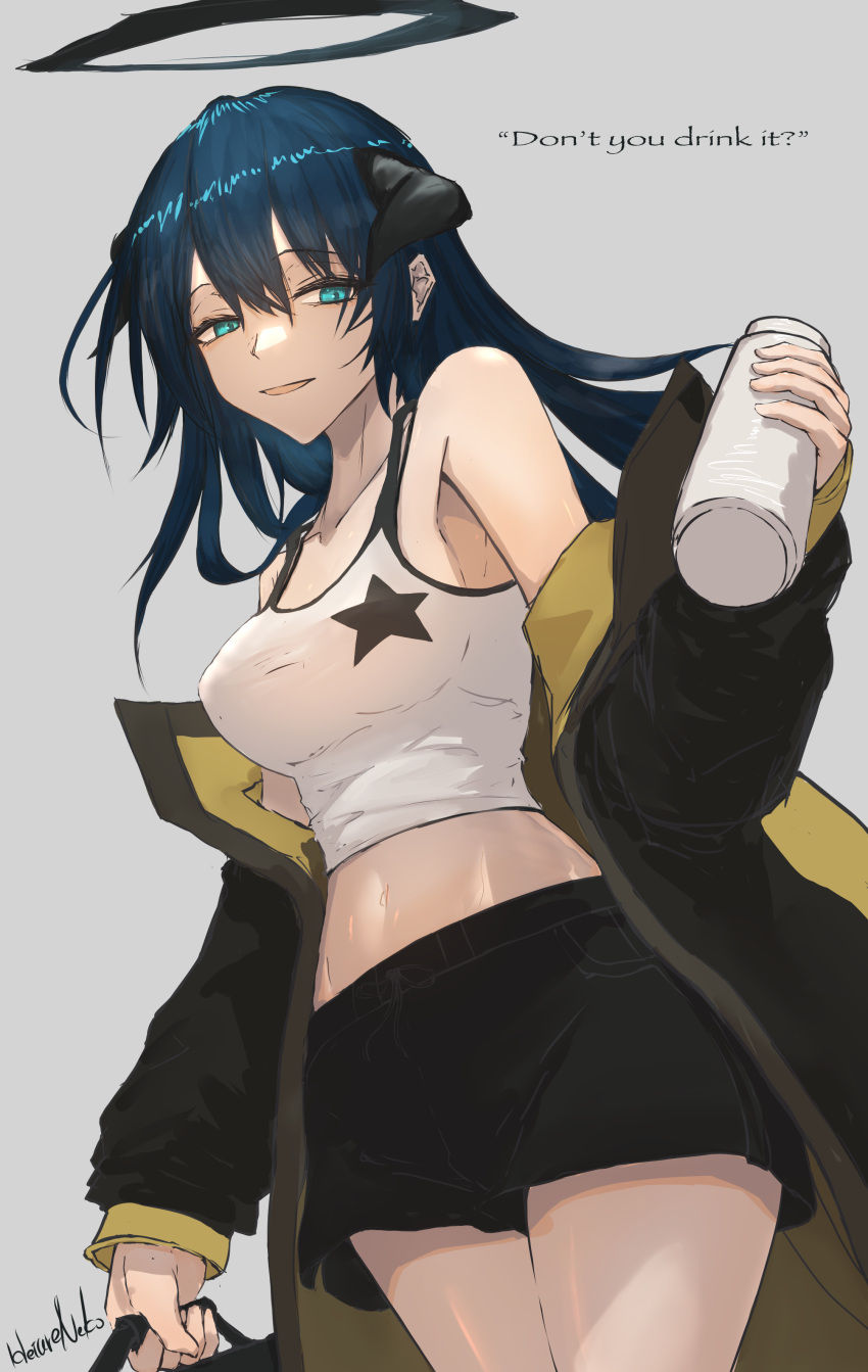 1girl absurdres arknights bare_shoulders black_jacket black_shorts blue_eyes blue_hair breasts camisole cowboy_shot crop_top halo hetare_galm_sue highres holding horns jacket large_breasts long_hair long_sleeves looking_at_viewer midriff mostima_(arknights) navel off_shoulder official_alternate_costume open_clothes open_jacket short_shorts shorts solo spaghetti_strap standing star_(symbol) star_print stomach