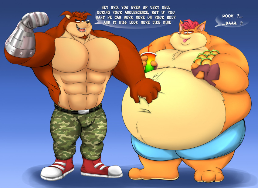 activision anthro bandicoot belly bulge crash_bandicoot crash_bandicoot_(series) crunch_bandicoot duo eddiefragoso english_text food fruit fur male male/male mammal marsupial obese obese_anthro obese_male overweight overweight_anthro overweight_male plant text wumpa_fruit