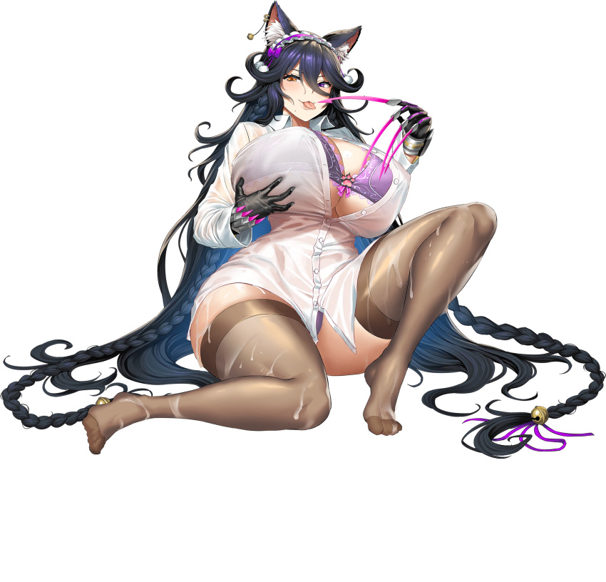 1girl :3 :p absurdly_long_hair animal_ear_fluff animal_ears black_gloves blush bra bracelet braid breasts brown_thighhighs cat_ears cat_girl claws covered_nipples ear_piercing embroidered_bra feet frilled_bra frills full_body game_cg gigantic_breasts gloves grabbing_own_breast hair_between_eyes hair_ornament hair_ribbon heterochromia highres huge_breasts huge_claws jewelry jingle_bell_earrings last_origin long_hair looking_at_viewer maid_headdress milk mole mole_on_breast mole_under_mouth multiple_braids obui official_alternate_costume official_art panties piercing poi_(last_origin) pom_pom_(clothes) pom_pom_hair_ornament purple_eyes purple_hair purple_panties purple_ribbon ribbon see-through see-through_shirt shirt simple_background sitting solo thighhighs tongue tongue_out transparent_background twin_braids underwear very_long_hair wet wet_clothes wet_shirt yellow_eyes