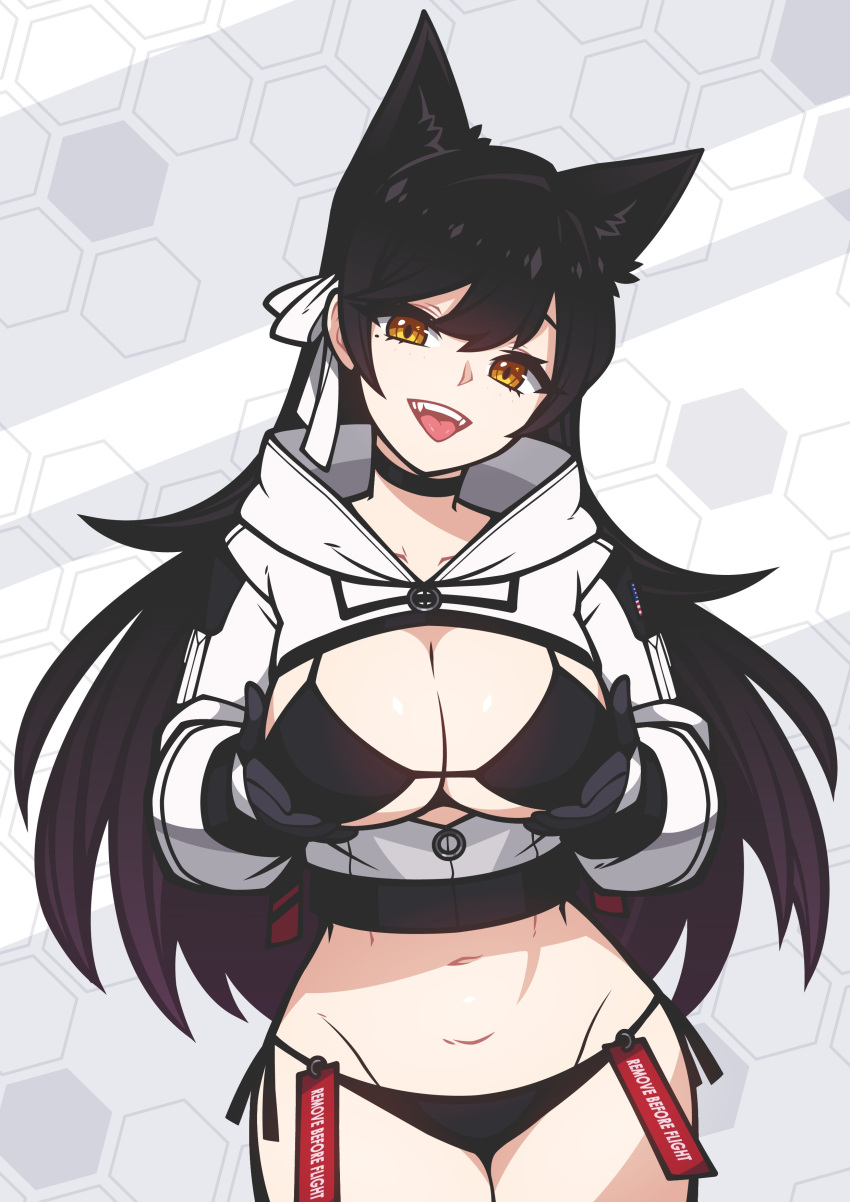 1girl absurdres atago_(azur_lane) azur_lane bacon_strips bikini black_gloves black_hair breasts fangs gloves highres hood hooded_jacket jacket large_breasts navel open_clothes open_jacket open_mouth patterned_background remove_before_flight_tag smile swimsuit tag tagme teeth tongue tongue_out yellow_eyes