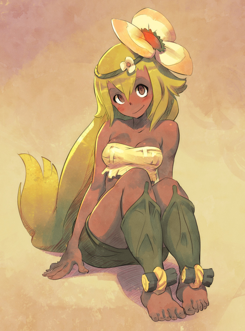 1girl absurdres amalia_sheran_sharm arm_support bangs bare_shoulders barefoot breasts brown_eyes closed_mouth dark-skinned_female dark_skin english_commentary flower full_body green_hair hair_flower hair_ornament highres long_hair looking_at_viewer medium_breasts sitting smile solo strapless wakfu xaxaxa