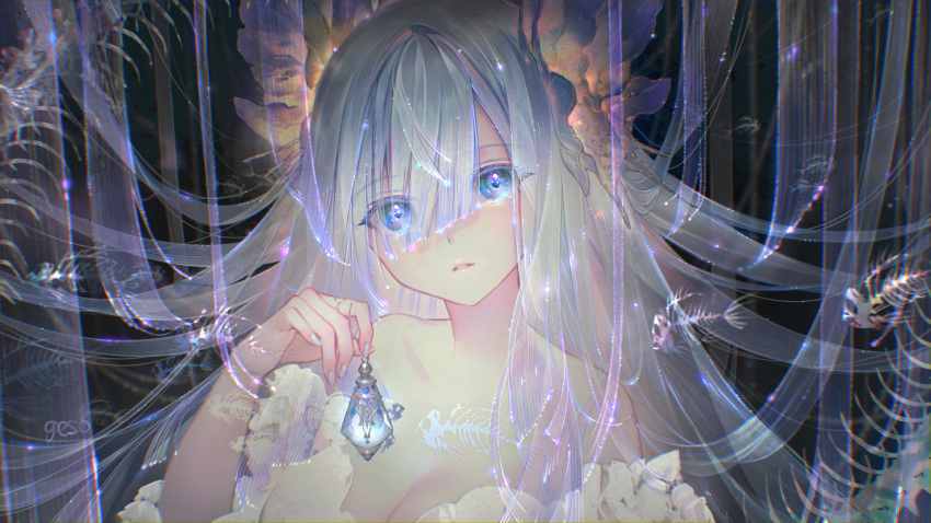 1girl artist_name bangs bare_shoulders blue_eyes blue_hair breasts cleavage collarbone dress floating_hair hair_between_eyes highres holding long_hair looking_at_viewer nail_polish original parted_lips umiu_geso