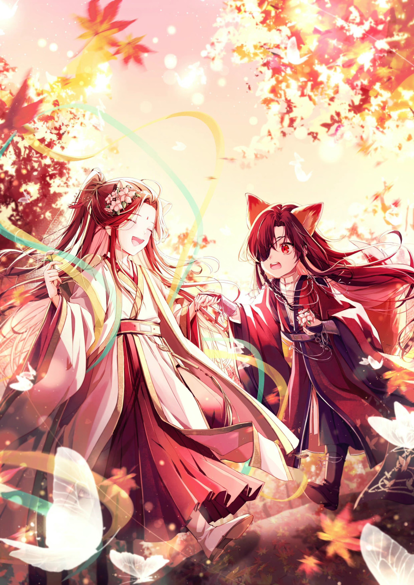 2boys absurdres animal_ears autumn_leaves bangs bindi black_hair brown_hair bug butterfly chinese_clothes closed_eyes earrings eyepatch flower fox_boy fox_ears glowing_butterfly hagoromo hair_flower hair_ornament hanfu happy highres holding_hands hua_cheng jewelry leaf long_hair long_sleeves looking_at_another male_child male_focus maple_leaf multiple_boys open_mouth outdoors parted_bangs pink_flower shawl standing tian_guan_ci_fu timoxuxu15359 very_long_hair walking white_butterfly wide_sleeves xie_lian