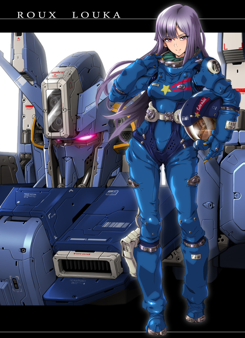 1girl blue_gloves breasts character_name floating_hair full_body gloves glowing glowing_eyes gundam gundam_zz headwear_removed helmet helmet_removed highres holding holding_helmet jazz_kawa_sodom long_hair looking_at_viewer mecha medium_breasts pilot_suit pink_eyes portrait purple_eyes purple_hair robot roux_louka smile v-fin zeta_gundam_(mobile_suit)