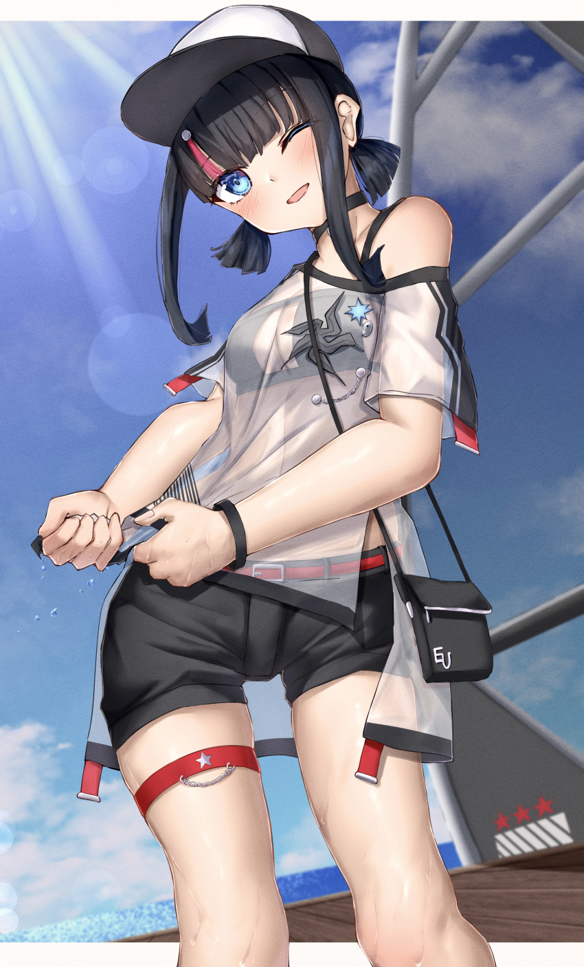 1girl absurdres bangs bare_shoulders baseball_cap bikini bikini_under_clothes black_bikini black_hair black_shorts blue_eyes blush breasts choker collarbone fate/grand_order fate_(series) hat highres looking_at_viewer low_twintails medium_breasts medium_hair multicolored_hair off-shoulder_shirt off_shoulder open_mouth pink_hair see-through shirt short_shorts short_sleeves short_twintails shorts sidelocks smile streaked_hair swimsuit thigh_strap thighs toukan twintails utsumi_erice utsumi_erice_(swimsuit_avenger) utsumi_erice_(swimsuit_avenger)_(first_ascension) white_headwear white_shirt