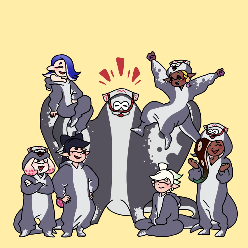 animal_humanoid anthro batoid big_man_(splatoon) callie_(splatoon) cephalopod cephalopod_humanoid chimsanagent2 clothing cosplay female fish frye_(splatoon) grey_body group hat headgear headwear hi_res humanoid humanoid_pointy_ears inkling kigurumi male manta_ray marie_(splatoon) marina_(splatoon) marine marine_humanoid mollusk mollusk_humanoid nintendo octarian octoling pearl_(splatoon) simple_background speckled_body splatoon stingray tentacles video_games yellow_background