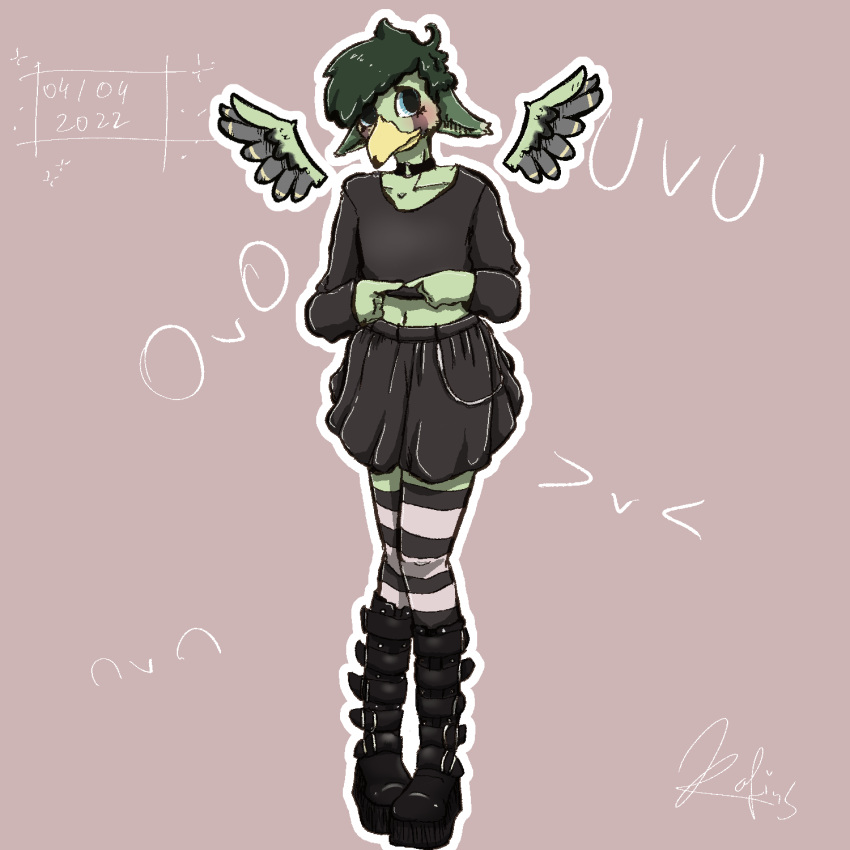 anthro avian beak big_ears bird blue_eyes bottomwear choker clothed clothing crossdressing edgy enelorin feathers footwear girly green_body hair hi_res jewelry male multicolored_wings necklace paws rafins shy skirt socks solo wings