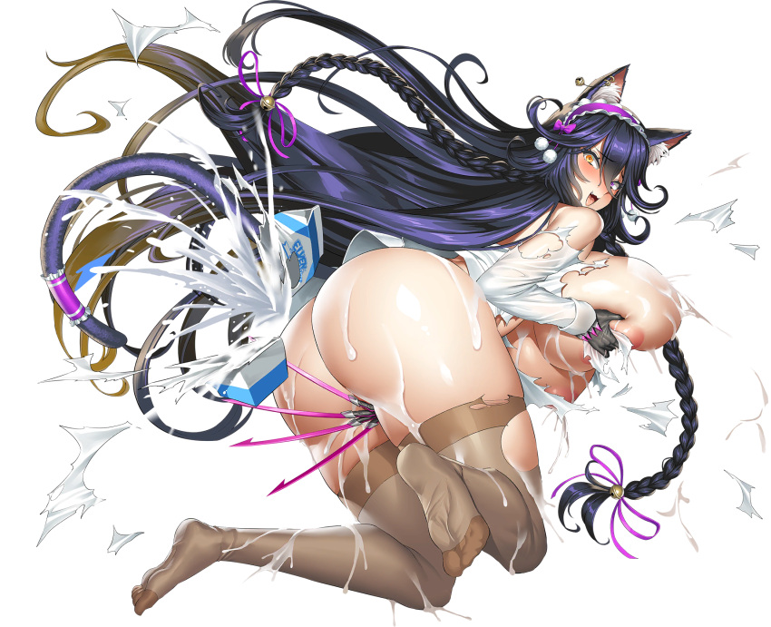 1girl :3 absurdly_long_hair animal_ear_fluff animal_ears areola_slip ass bell black_gloves blue_hair blush braid breasts brown_thighhighs cat_ears cat_girl cat_tail claws convenient_censoring dark_blue_hair defeat ear_piercing fang feet game_cg gloves grabbing_own_breast gradient_hair hair_bell hair_between_eyes hair_ornament hair_ribbon heterochromia highres huge_breasts huge_claws jewelry jingle_bell_earrings large_areolae last_origin long_hair looking_at_viewer maid_headdress milk milk_carton multicolored_hair multiple_braids naked_shirt obui official_alternate_costume official_art open_mouth piercing poi_(last_origin) pom_pom_(clothes) pom_pom_hair_ornament purple_eyes purple_ribbon ribbon shirt simple_background smile solo tail thighhighs torn_clothes torn_shirt torn_thighhighs transparent_background twin_braids very_long_hair wet wet_clothes wet_shirt yellow_eyes