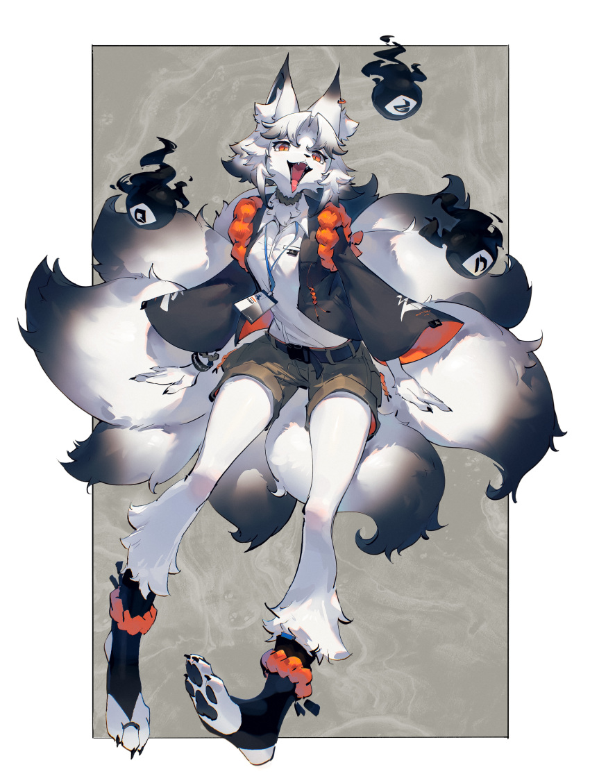 4_toes absurd_res ankle_tuft anthro black_and_white_fur bottomwear canid canine claws clothing feet floating footwear fox fox_spirit hi_res leg_tuft mammal multi_tail neck_tuft orange_eyes pawpads pupils shiiorina shorts slit_pupils socks solo toe_claws toeless_footwear toeless_socks toes tuft