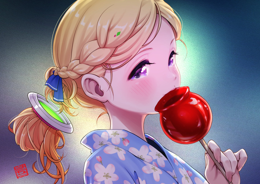 1girl aki_rosenthal blonde_hair blue_kimono blue_ribbon blush bra candy_apple detached_hair eating floral_print food hair_ribbon highres holding holding_food hololive japanese_clothes kimono kineko9218 looking_at_viewer photoshop_(medium) print_kimono ribbon sideways_glance solo underwear virtual_youtuber