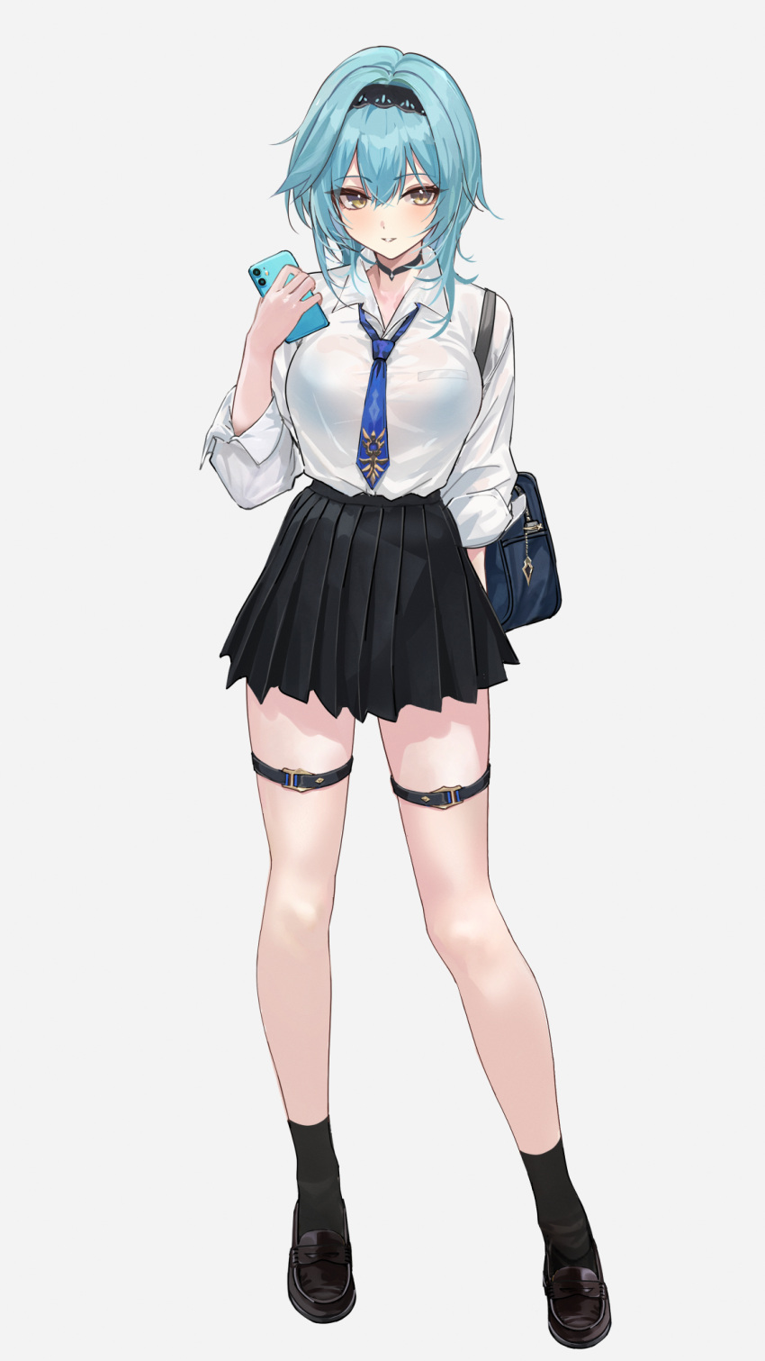 1girl alternate_costume bag black_choker black_footwear black_hairband black_skirt black_socks blue_hair blue_necktie bra_visible_through_clothes breasts cellphone choker eula_(genshin_impact) full_body genshin_impact grey_background hairband hand_up highres holding holding_phone legs loafers looking_at_viewer medium_breasts medium_hair mexif necktie parted_lips phone pleated_skirt school_bag school_uniform shirt shirt_tucked_in shoes shoulder_bag simple_background skirt sleeves_rolled_up smartphone smile socks solo tachi-e taut_clothes taut_shirt thigh_strap yellow_eyes