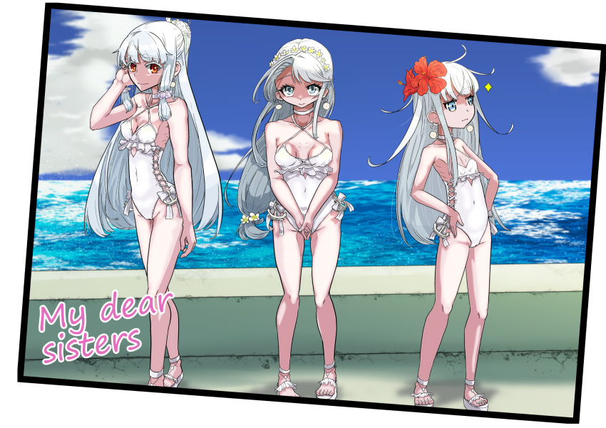 3girls alternate_hairstyle anchor_ornament asymmetrical_bangs bangs blue_eyes blue_sky casual_one-piece_swimsuit choker cloud cosplay criss-cross_halter day donguri_(kino4405) earrings flower food-themed_earrings frilled_swimsuit frills full_body grey_eyes grey_hair hair_flower hair_ornament hairband halterneck hands_on_hips hibiki_(kancolle) highres horizon jewelry kantai_collection lemon_earrings long_hair looking_at_viewer low-tied_long_hair matching_outfit multiple_girls murakumo_(kancolle) ocean official_alternate_costume one-piece_swimsuit orange_eyes outdoors photo_(object) ponytail sagiri_(kancolle) sagiri_(kancolle)_(cosplay) shawl side-tie_swimsuit sky swept_bangs swimsuit toeless_footwear white_choker white_hair white_one-piece_swimsuit white_shawl