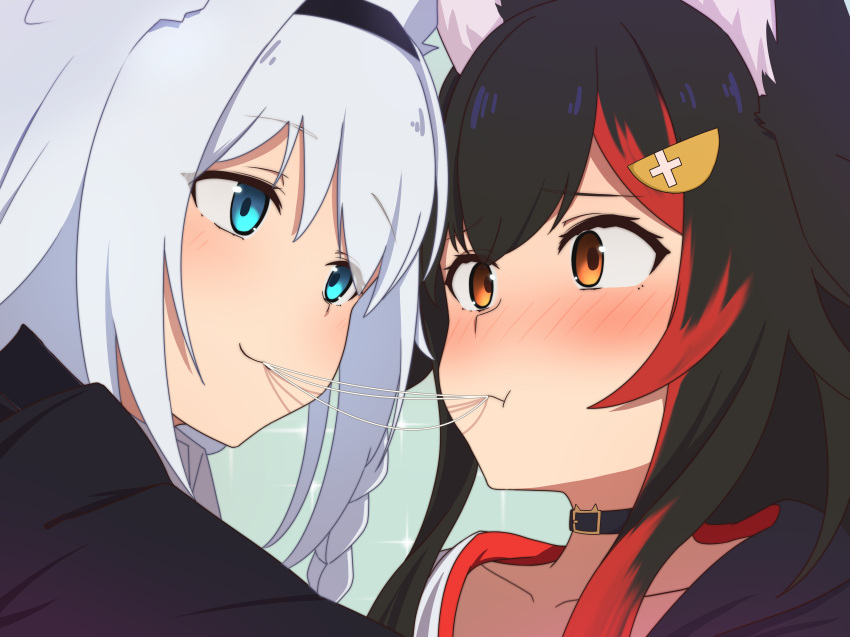 2girls absurdres animal_ear_fluff animal_ears bangs black_choker black_hair blush braid choker commentary_request eating food food_in_mouth fox_ears fox_girl green_eyes hair_between_eyes hair_ornament hairband hairclip highres hololive imminent_kiss looking_at_another micon multicolored_hair multiple_girls noodles ookami_mio red_hair shared_food shirakami_fubuki sidelocks single_braid streaked_hair virtual_youtuber white_hair yellow_eyes