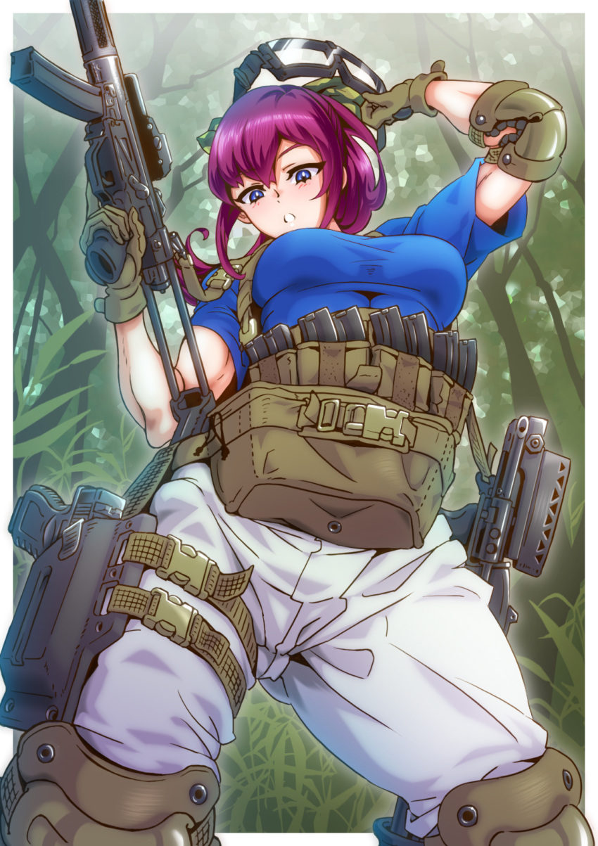 :o blue_eyes blue_shirt blush breasts brown_gloves from_below gloves green_ribbon gun hair_ribbon handgun highres hikami_satori holding holding_gun holding_weapon holstered_weapon jazz_kawa_sodom jikkyou_powerful_pro_yakyuu looking_down magazine_(weapon) medium_breasts pants ponytail power_pro_appli purple_hair removing_goggles ribbon shirt shoulder_pads submachine_gun trigger_discipline weapon white_pants