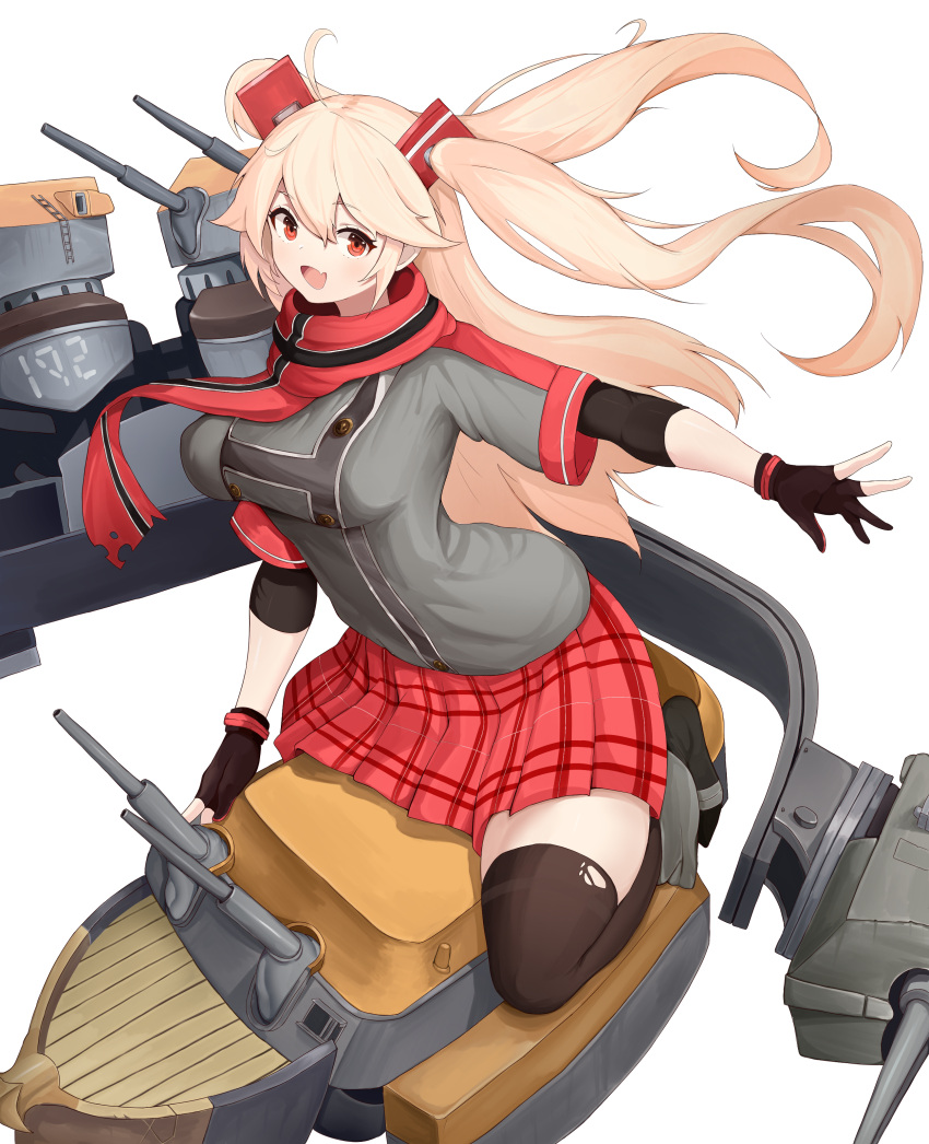 absurdres ahoge azur_lane black_thighhighs blonde_hair bluecher_(azur_lane) cannon cross fang fingerless_gloves gloves highres kesseil long_hair multicolored_clothes multicolored_scarf plaid plaid_skirt pleated_skirt riding rigging scarf skin_fang skirt thighhighs two_side_up