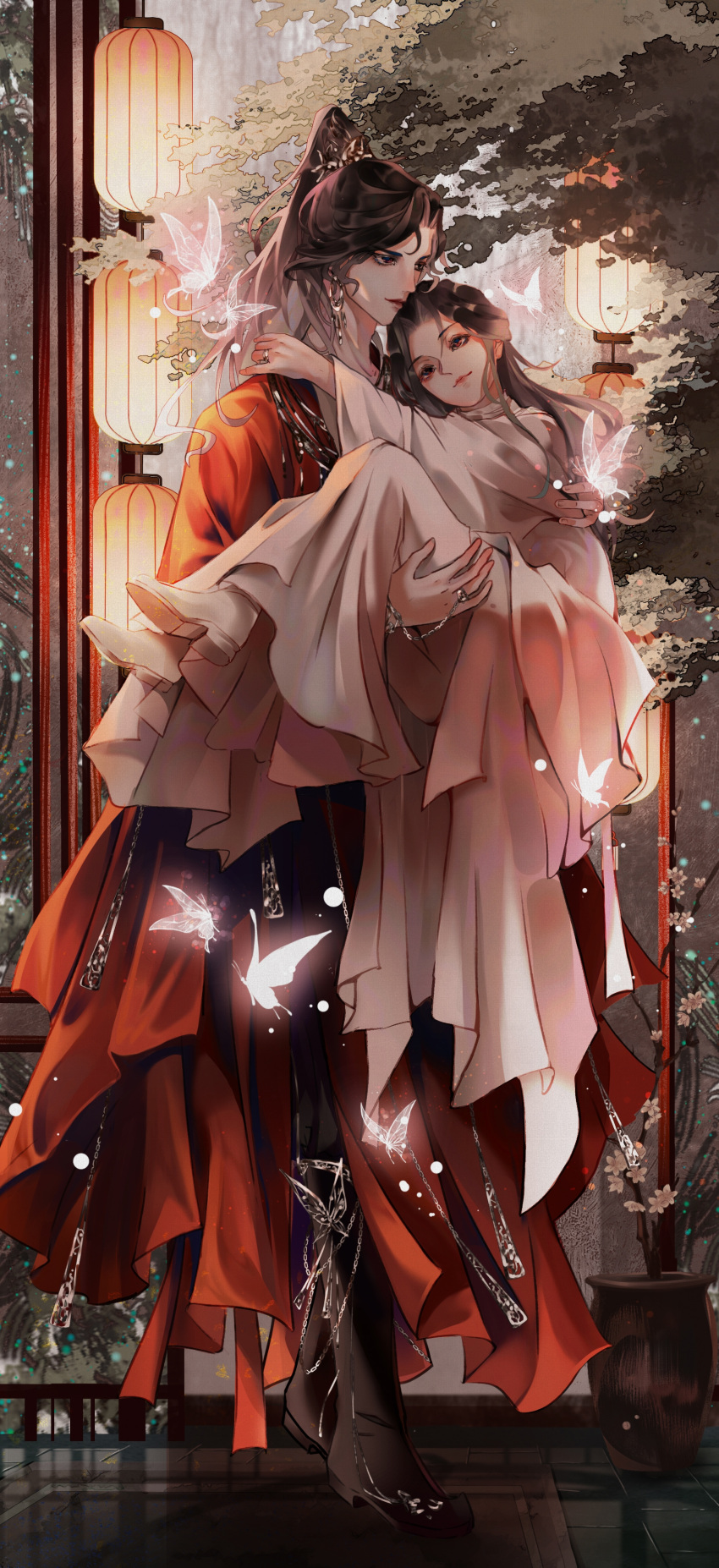 2boys absurdres architecture black_hair brown_hair bug butterfly carrying chinese_clothes earrings east_asian_architecture full_body hanfu highres hua_cheng hug jewelry lantern long_hair long_sleeves male_focus meaomaomaomaomaomao multiple_boys paper_lantern princess_carry tian_guan_ci_fu very_long_hair white_butterfly wide_sleeves xie_lian yaoi