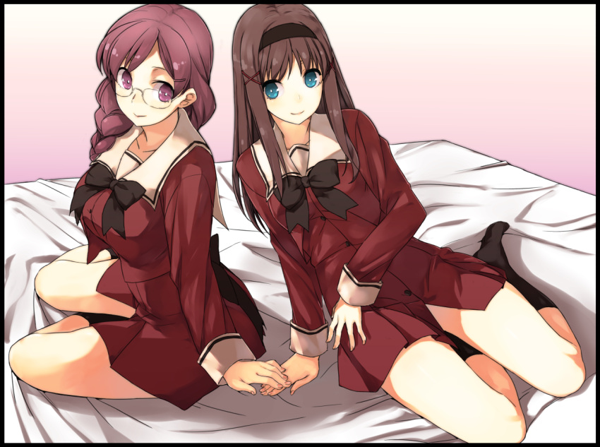 2girls :&gt; bangs black_bow black_bowtie black_socks blue_eyes bow bowtie braid brown_hair cousins dress glasses hair_ornament hairband hairclip holding_hands jacket kirisato_itsuki kitajima_kaede kitajima_sara long_hair long_sleeves multiple_girls pink_eyes pink_hair red_dress red_jacket sailor_collar school_uniform sitting smile socks sono_hanabira_ni_kuchizuke_wo st._michael's_school_uniform thighs x_hair_ornament yuri