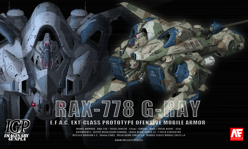 box_art cannon fake_box_art g-ray gundam gundam:_record_of_ms_wars highres jazz_kawa_sodom logo_parody mobile_armor multiple_views no_humans pink_eyes projected_inset science_fiction v-fin