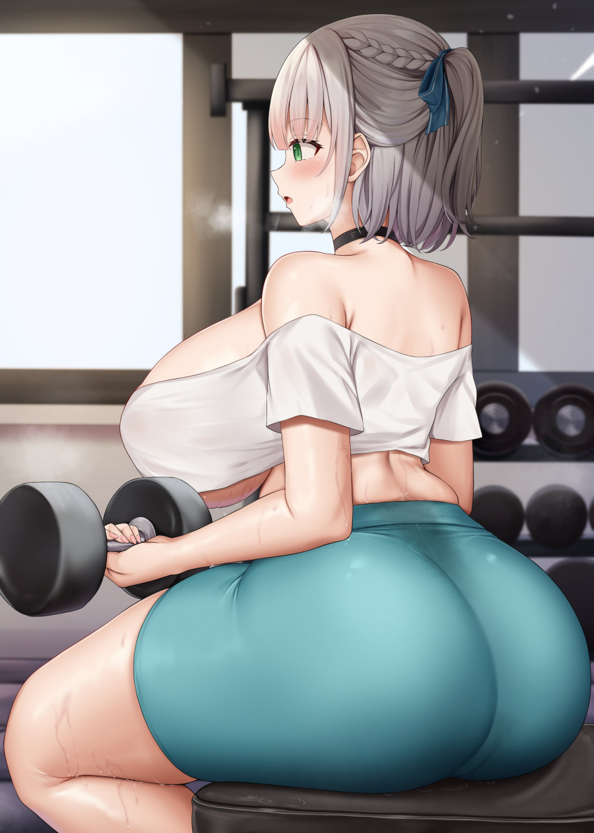 1girl absurdres ass back bangs black_choker blue_shorts blush breasts choker commentary_request dumbbell exercise green_eyes grey_hair gym hair_over_one_eye hair_ribbon heavy_breathing highres hololive huge_ass huge_breasts indoors kusana_(dudqja602) looking_away multiple_girls ribbon shirogane_noel shirt short_hair shorts sideboob sitting strapless sweat thighs tube_top underboob virtual_youtuber weightlifting white_shirt