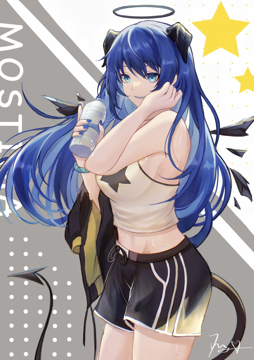 1girl arknights bangs bare_arms bare_shoulders black_shorts blue_eyes blue_hair blue_nails bottle breasts camisole commentary cowboy_shot crop_top grey_background halo hands_up highres holding holding_bottle horns large_breasts long_hair midriff mostima_(arknights) nail_polish official_alternate_costume parted_lips qianxiaxiale shorts solo standing star_(symbol) star_print symbol-only_commentary tail two-tone_background very_long_hair water_bottle white_background