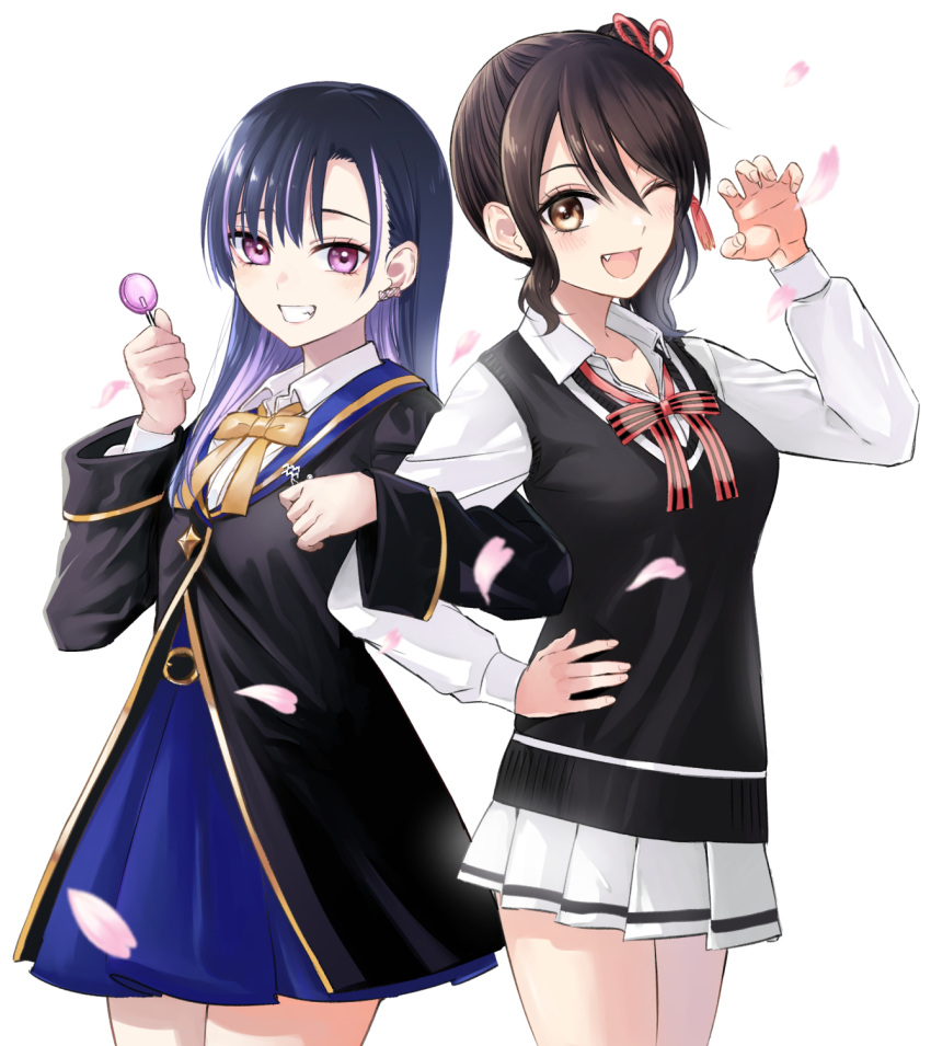 2girls ;d aria_aquarius bangs black_hair black_jacket blue_hair blue_skirt bow bowtie breasts brown_eyes brown_hair candy candy_earrings claw_pose cleavage collared_shirt commentary_request crossover dress_shirt fang food grin highres holding holding_candy holding_food holding_lollipop jacket kishuku_gakkou_no_juliet komai_hasuki kuroneko_to_majo_no_kyoushitsu locked_arms lollipop long_hair long_sleeves multiple_girls natsupa one_eye_closed petals pink_hair pleated_skirt puffy_long_sleeves puffy_sleeves purple_eyes school_uniform shirt side_ponytail simple_background skirt small_breasts smile sweater_vest white_background white_shirt white_skirt