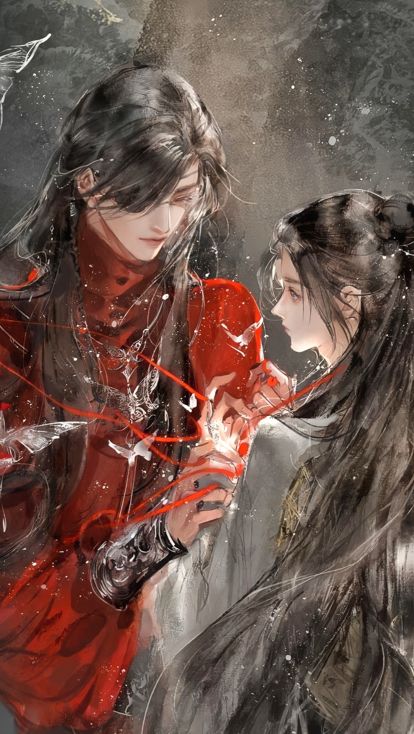 2boys absurdres bishounen black_hair bug butterfly chinese_clothes earrings eyepatch hanfu highres hua_cheng jewelry lh7-7 long_hair long_sleeves male_focus multiple_boys tian_guan_ci_fu very_long_hair white_butterfly wide_sleeves xie_lian yaoi