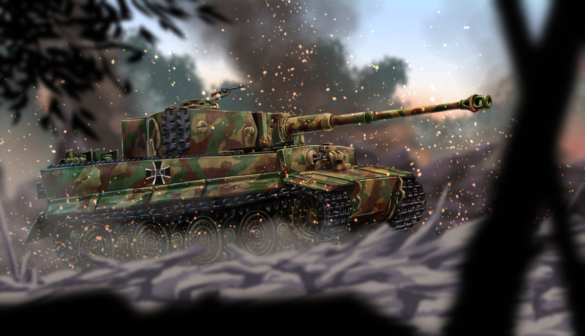 absurdres camouflage cannon caterpillar_tracks cross day emblem girls_und_panzer ground_vehicle gun highres iron_cross kuromorimine_(emblem) machine_gun military military_vehicle motor_vehicle no_humans outdoors smoke tank tank_focus tiger_i tigern_(tigern28502735) vehicle_focus weapon