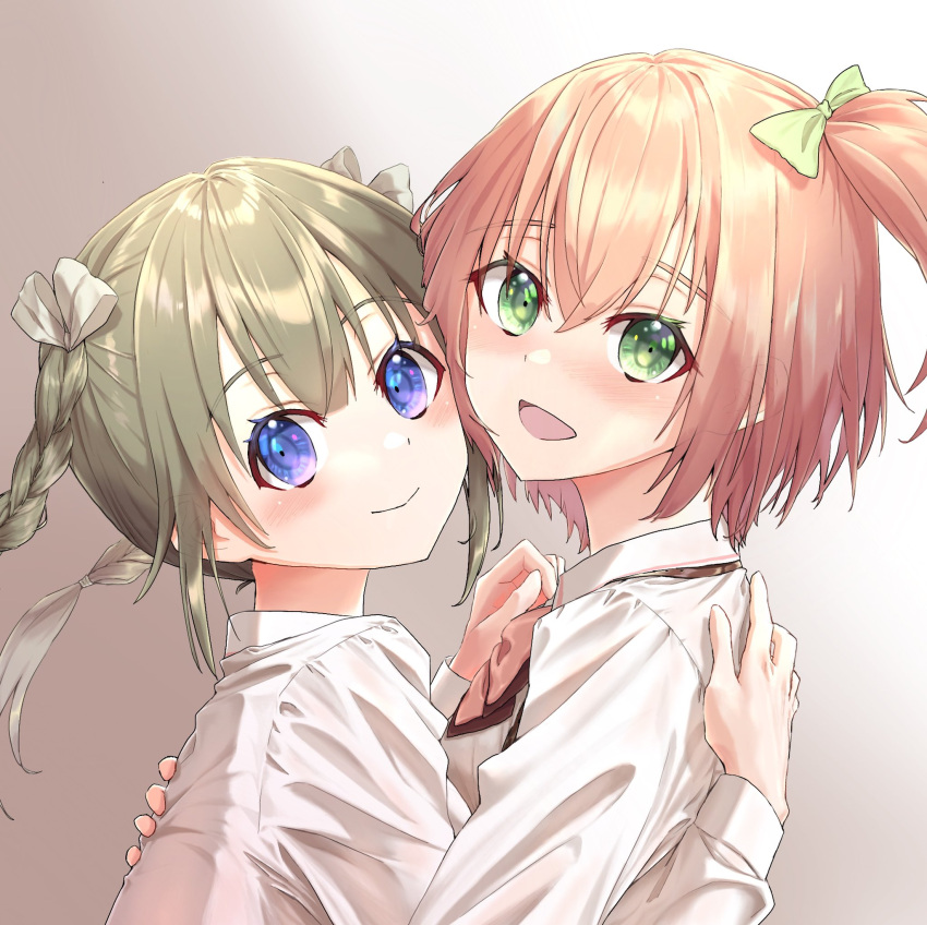 2girls amamiya_sophia_seren assault_lily bangs blush bow bowtie braid brown_hair cheek-to-cheek closed_mouth collared_shirt commentary from_side gradient gradient_background green_bow green_eyes grey_background hair_between_eyes hair_bow hair_ribbon hand_on_another's_back hand_on_another's_chest hand_up hands_up heads_together highres hug kajiki_arashi kishimoto_lucia_raimu long_hair long_sleeves looking_at_viewer looking_to_the_side ludvico_private_girls'_academy_school_uniform multiple_girls mutual_hug one_side_up open_mouth orange_bow orange_bowtie orange_hair purple_eyes ribbon school_uniform shiny shiny_hair shirt short_hair smile twin_braids twintails upper_body white_background white_ribbon white_shirt yuri