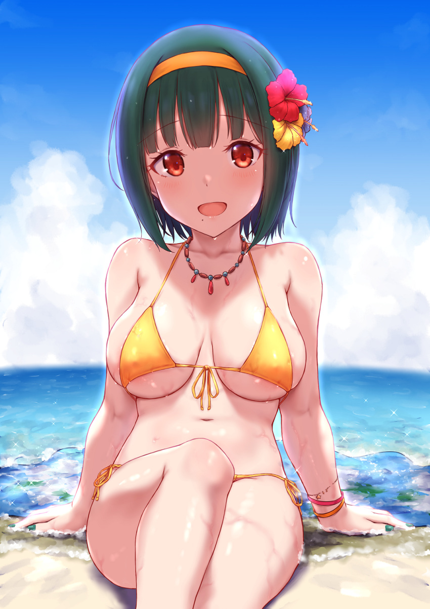 1girl :d arm_support bangs beach bikini blue_sky braclet breasts cai_geng cloud collarbone commentary_request day flower green_hair hair_flower hair_ornament hairband hibiscus highres horizon idolmaster jewelry legs_together looking_at_viewer medium_breasts navel necklace ocean open_mouth outdoors red_eyes sitting sky smile solo swimsuit yellow_bikini