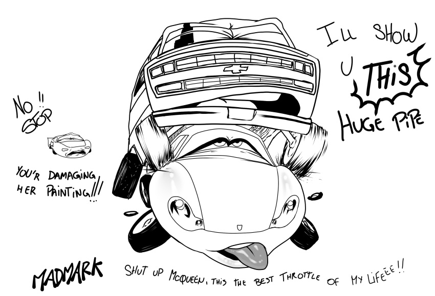 car cars_(disney) chevrolet disney duo eyes_closed female from_behind_position half-closed_eyes hi_res lightning_mcqueen living_machine living_vehicle machine madmark male male/female monochrome narrowed_eyes open_mouth pixar porsche sally_carrera sex speech_bubble tire tongue tongue_out vehicle