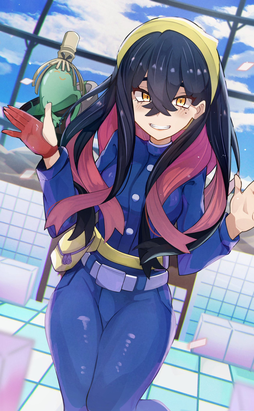 1girl belt black_hair blue_jacket blue_pants buttons carmine_(pokemon) commentary_request crossed_bangs day fanny_pack gloves grin hair_between_eyes hairband hands_up highres jacket long_hair long_sleeves looking_at_viewer mole mole_under_eye pants partially_fingerless_gloves pokemon pokemon_(creature) pokemon_sv poltchageist single_glove smile standing teeth umiru yellow_bag yellow_eyes yellow_hairband