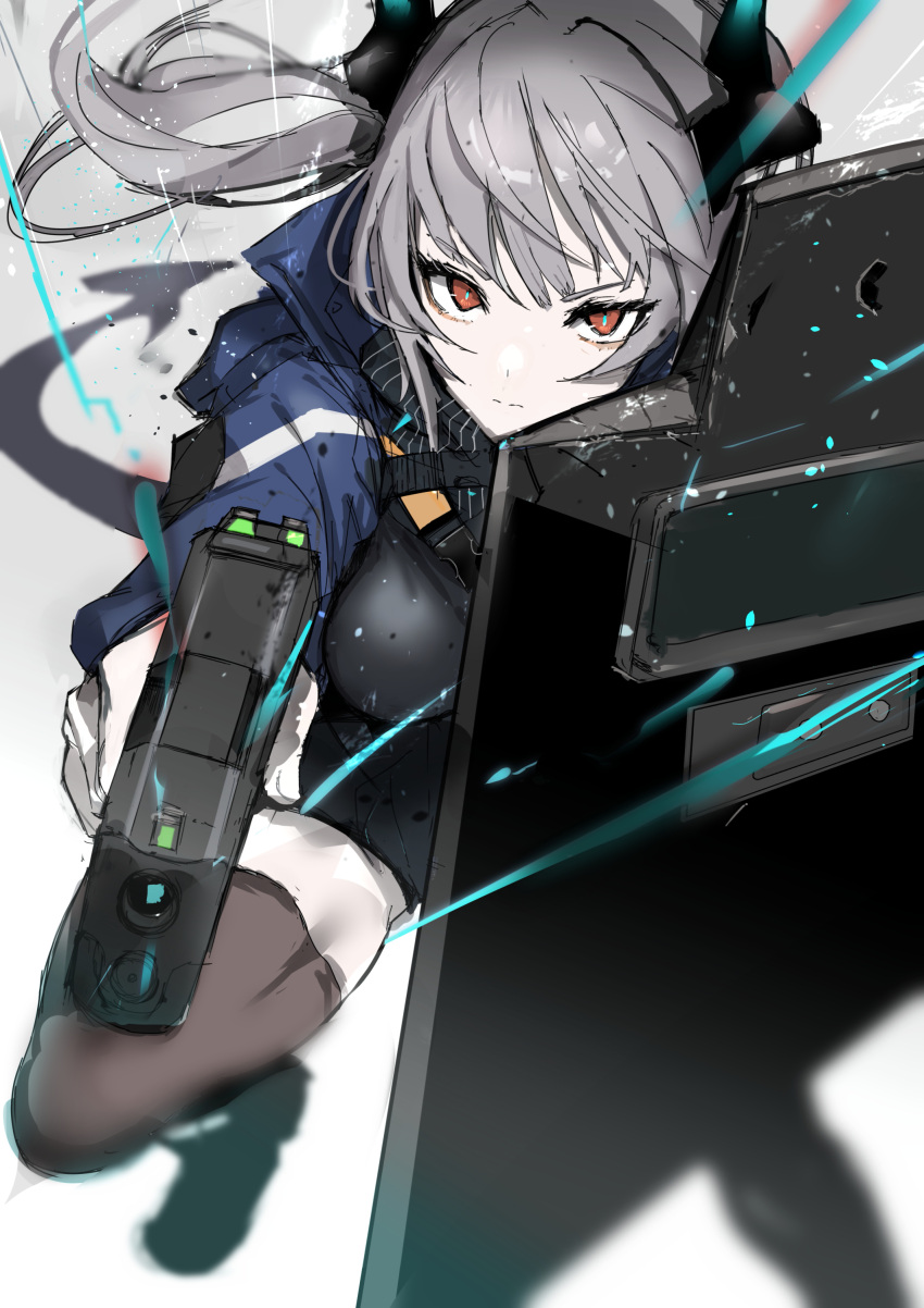 1girl absurdres arknights black_dress blue_jacket breasts brown_thighhighs chuhaibane closed_mouth dragon_girl dragon_horns dragon_tail dress foreshortening gradient gradient_background grey_background grey_hair gun highres holding holding_gun holding_shield holding_weapon horns jacket leg_up liskarm_(arknights) long_hair looking_at_viewer medium_breasts open_clothes open_jacket ponytail red_eyes riot_shield shield solo tail thighhighs v-shaped_eyebrows weapon white_background